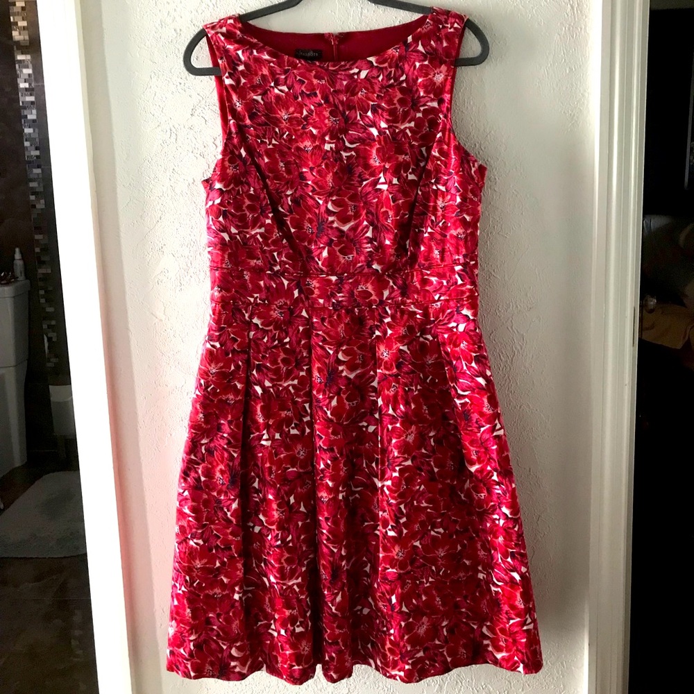 Talbots sleeveless A-line red floral dress with pockets